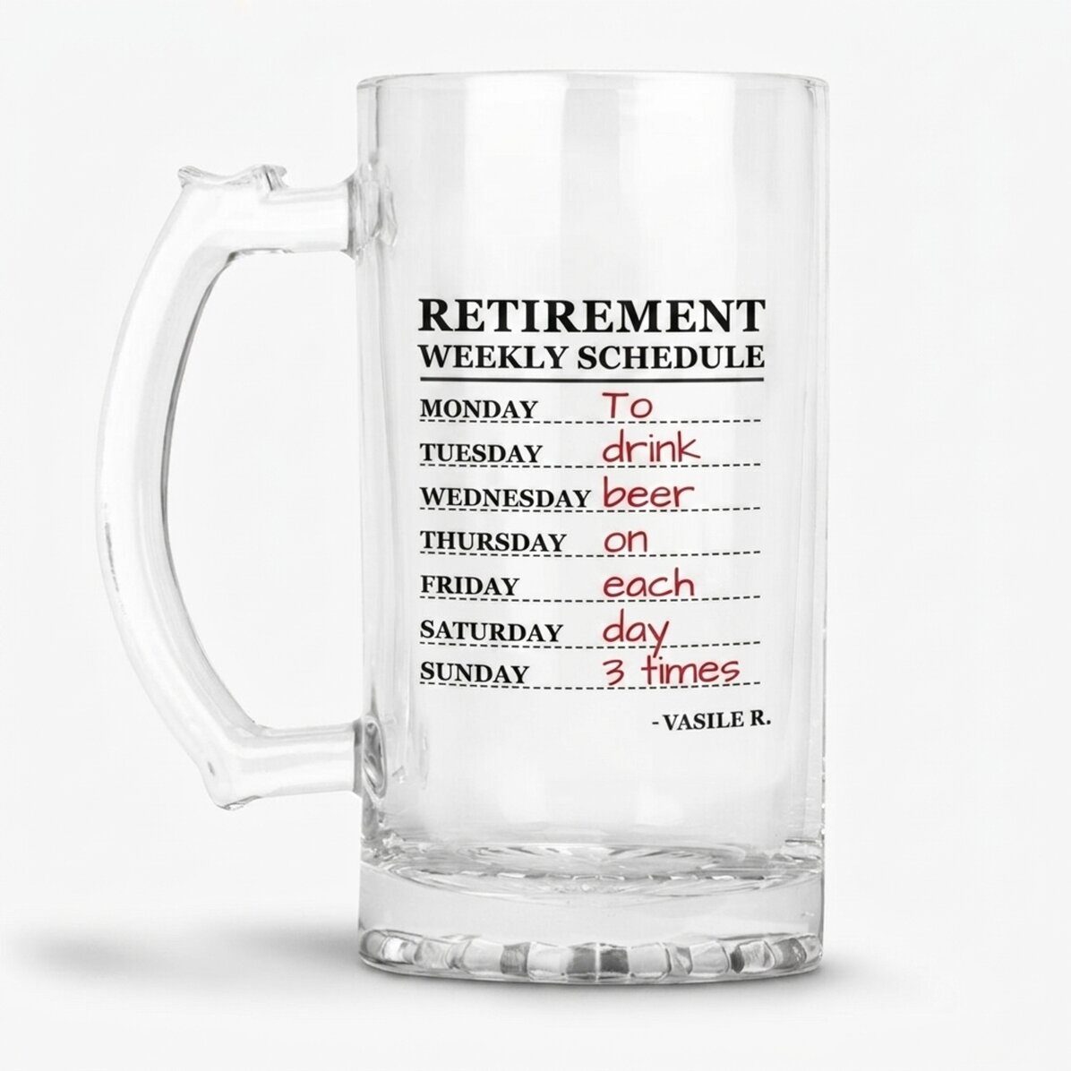 Personalised beer mug with retirement text