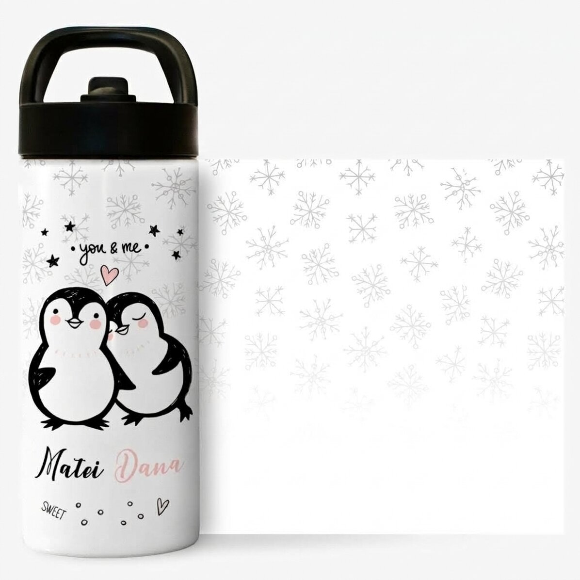 Thermos with handle and straw personalised with text - You & Me