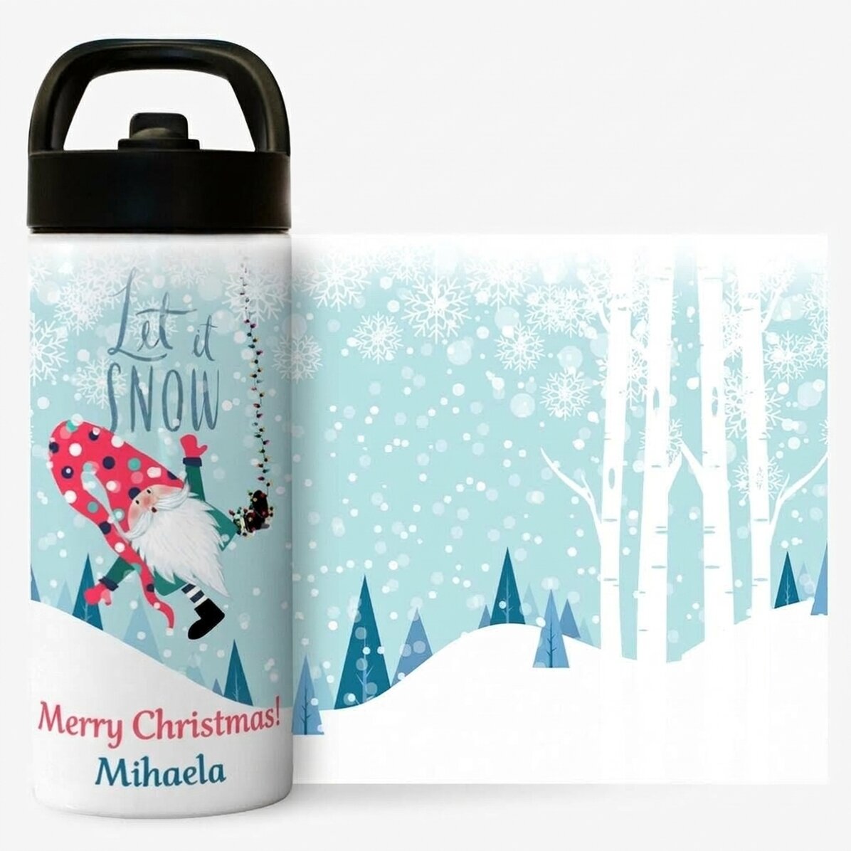 Thermos with handle and straw personalised with text - Let it snow
