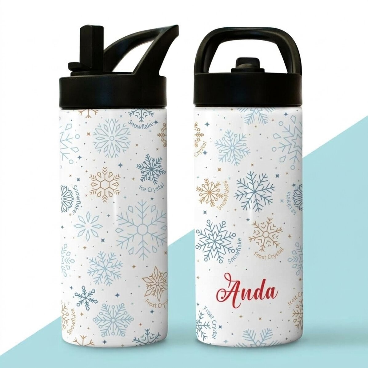 Thermos with handle and straw personalised with name - Snowflakes