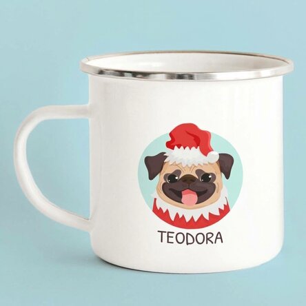Enamelled metal mug with name - Christmas puppies