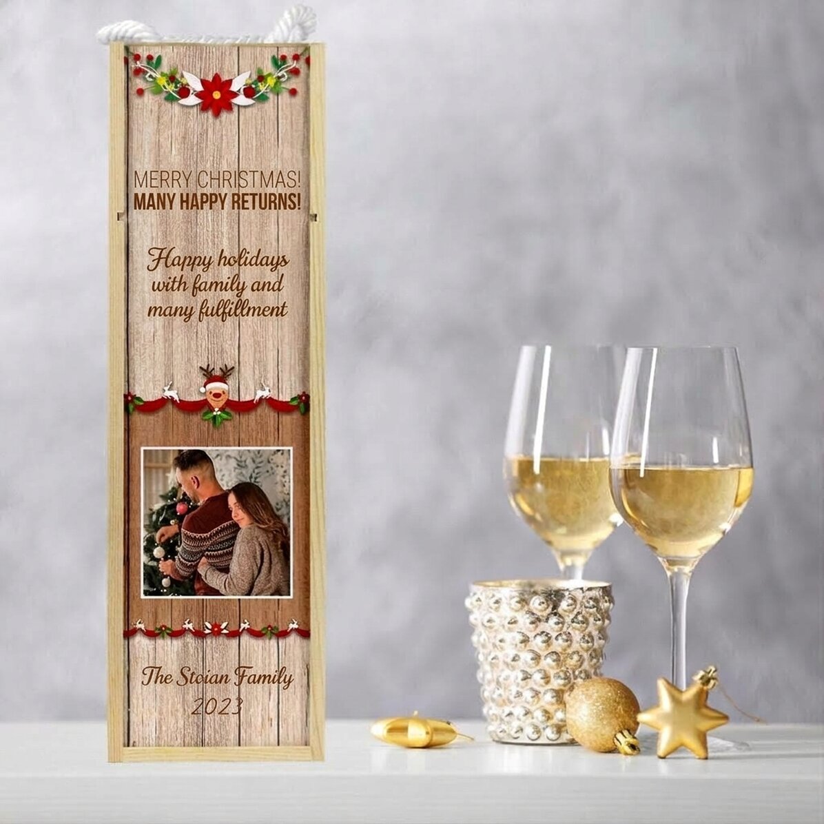 Personalised wine box with photo and text - Christmas design