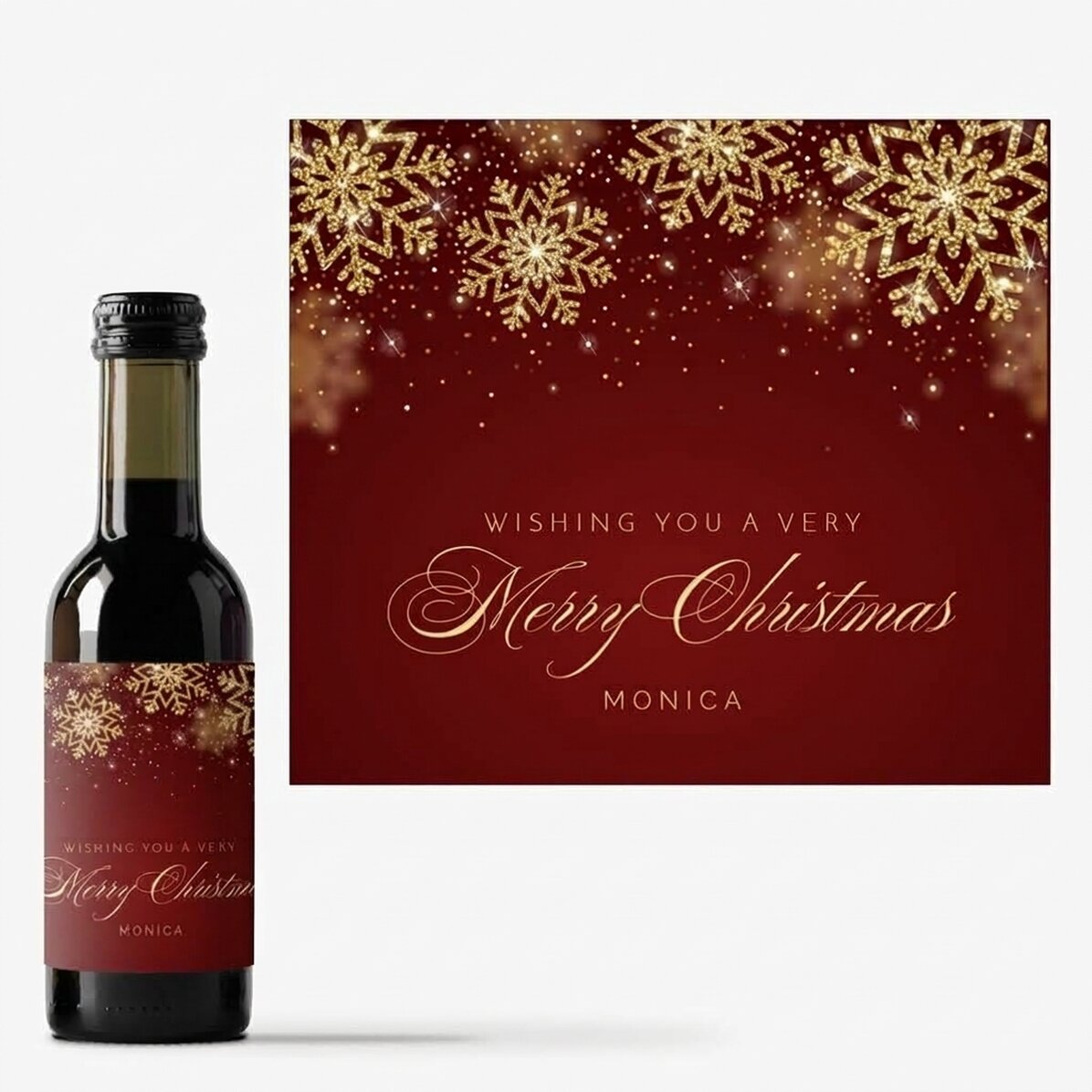 Mini wine bottle personalised with text - Golden snowflakes