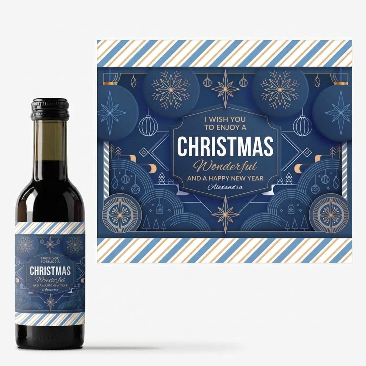 Mini wine bottle personalised with text - Blue Christmas