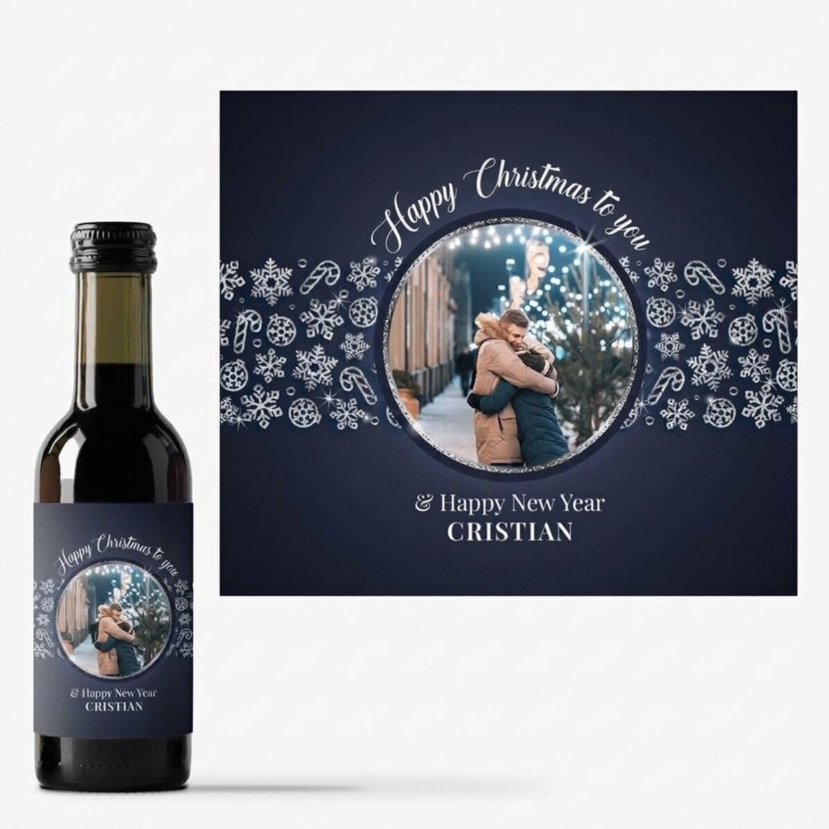 Mini wine bottle personalised with photo and text - Shiny Snowflakes