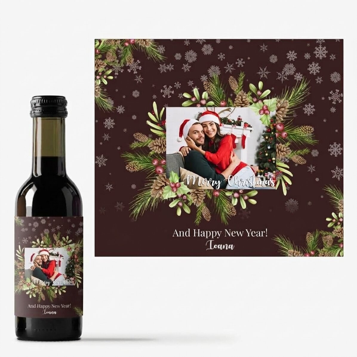 Mini wine bottle personalised with photo and text - Christmas decorations