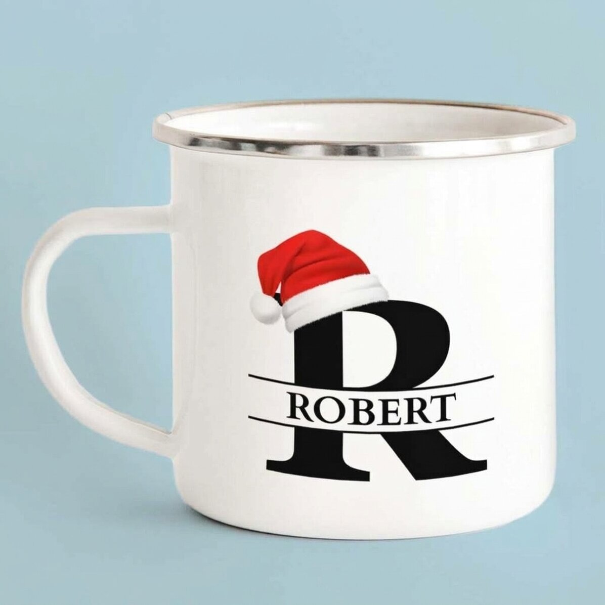 Enamelled metal mug with name and initial
