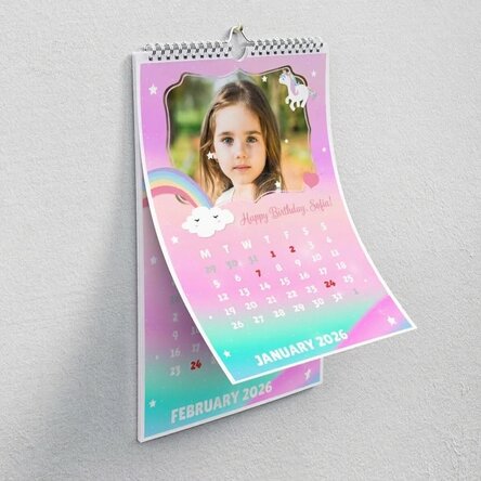 Personalised calendar for children with photos and text - Unicorn