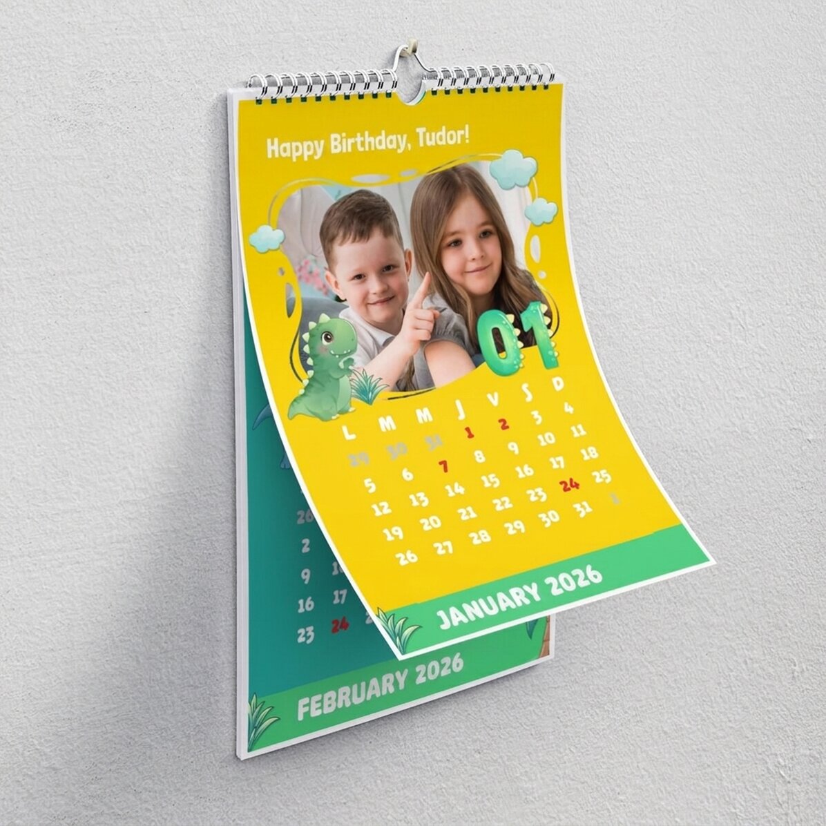 Personalised calendar for children with photos and text - Dino