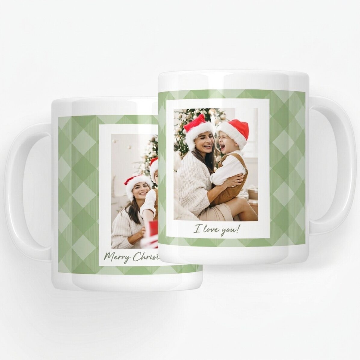 Personalised mug with two photos and text - Green checks