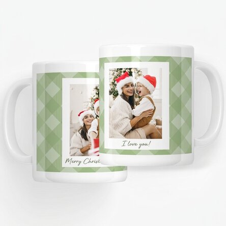 Personalised mug with two photos and text - Green checks