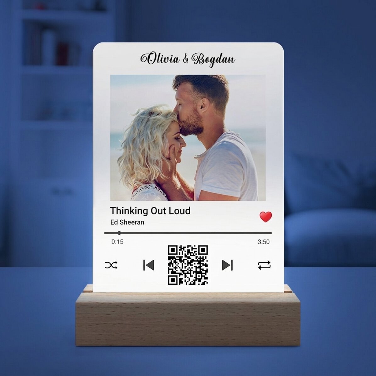 Personalised LED night light with a photo and QR code - Our song
