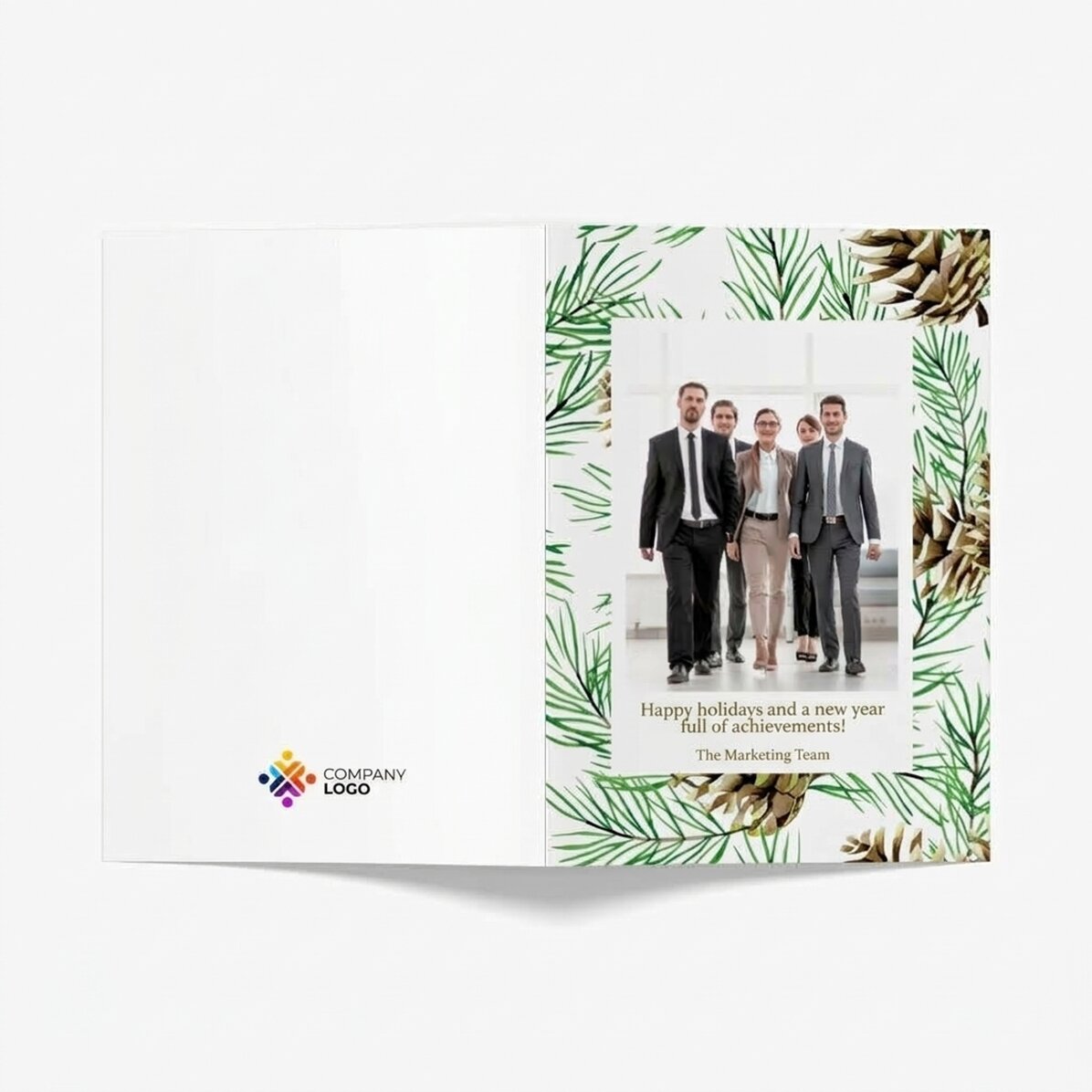 Personalised card with text, photo and logo on the back - Christmas tree cones