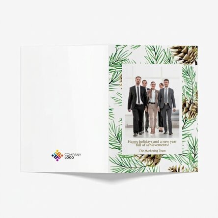 Personalised card with text, photo and logo on the back - Christmas tree cones