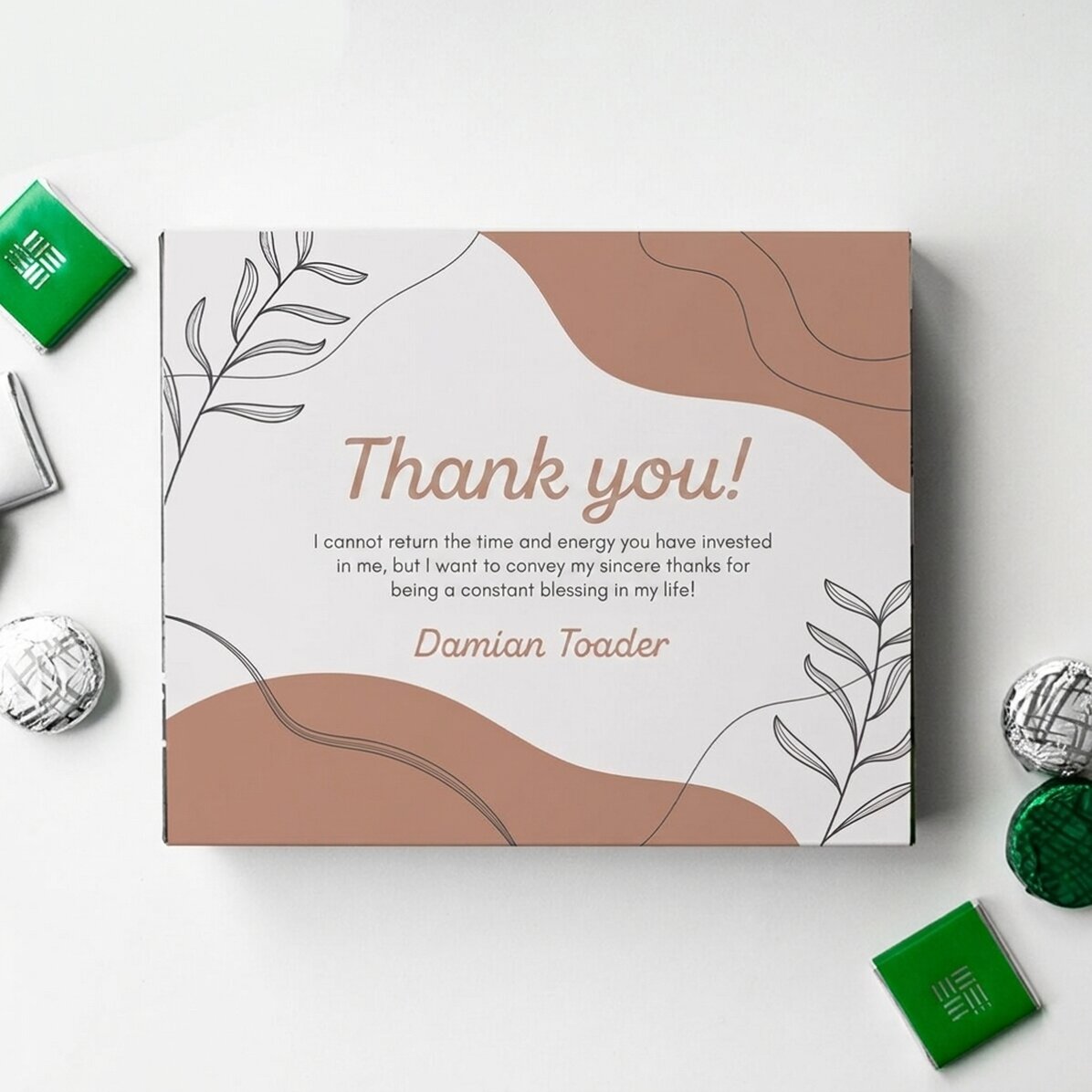 Personalised box of chocolates with thank you message - Leaves