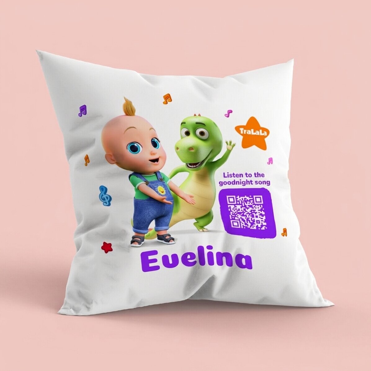 Personalised cushion with name and QR code - Listen to the TraLaLa song