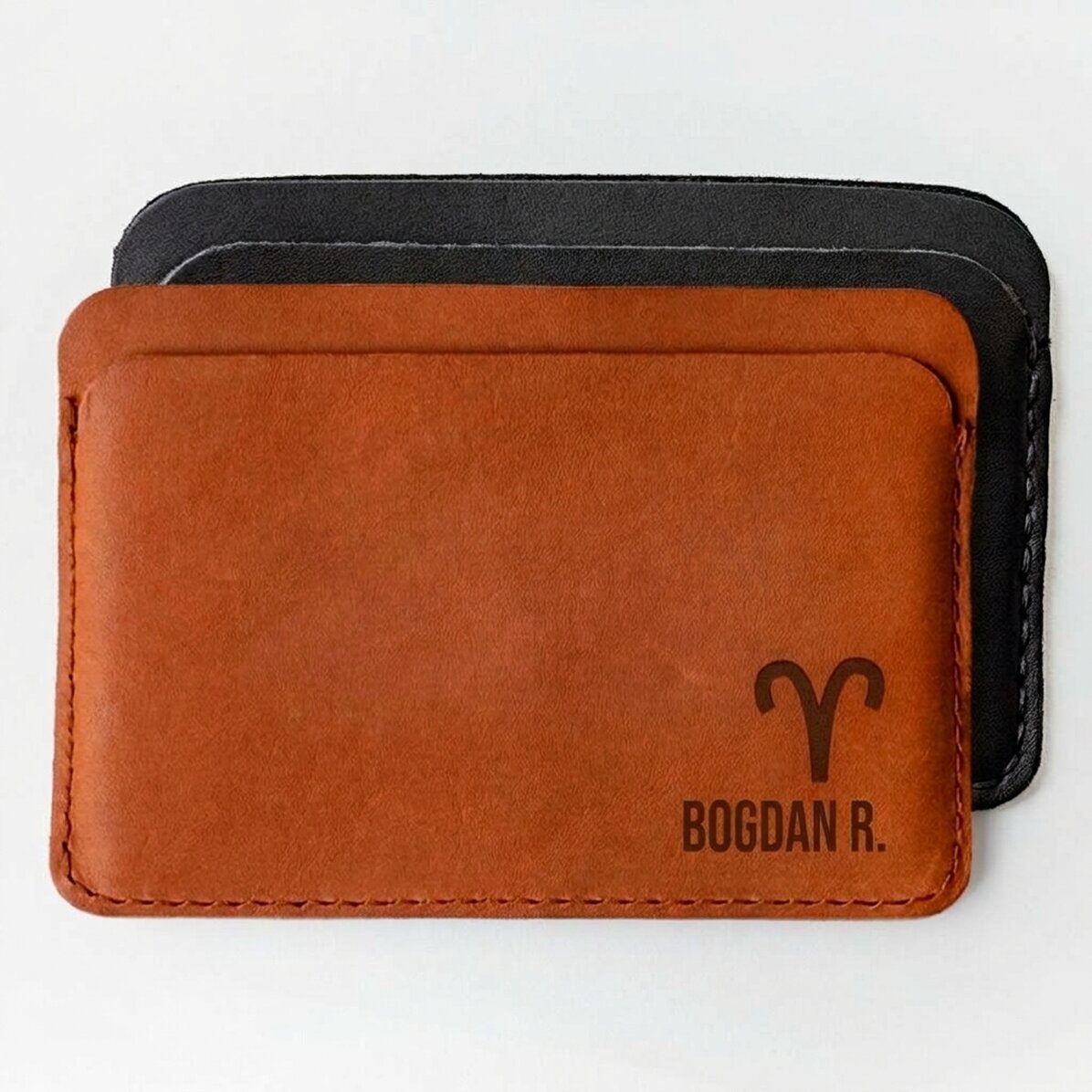 Personalised leather wallet with name and Aries zodiac sign