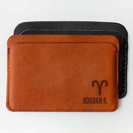 Personalised leather wallet with name and Aries zodiac sign