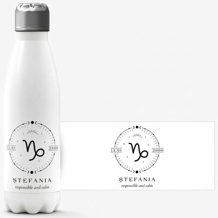 Thermos with white base personalised with text and Capricorn zodiac sign