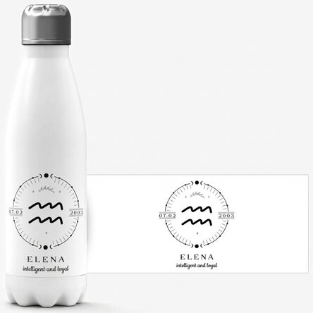Thermos with white base personalised with text and Aquarius zodiac sign