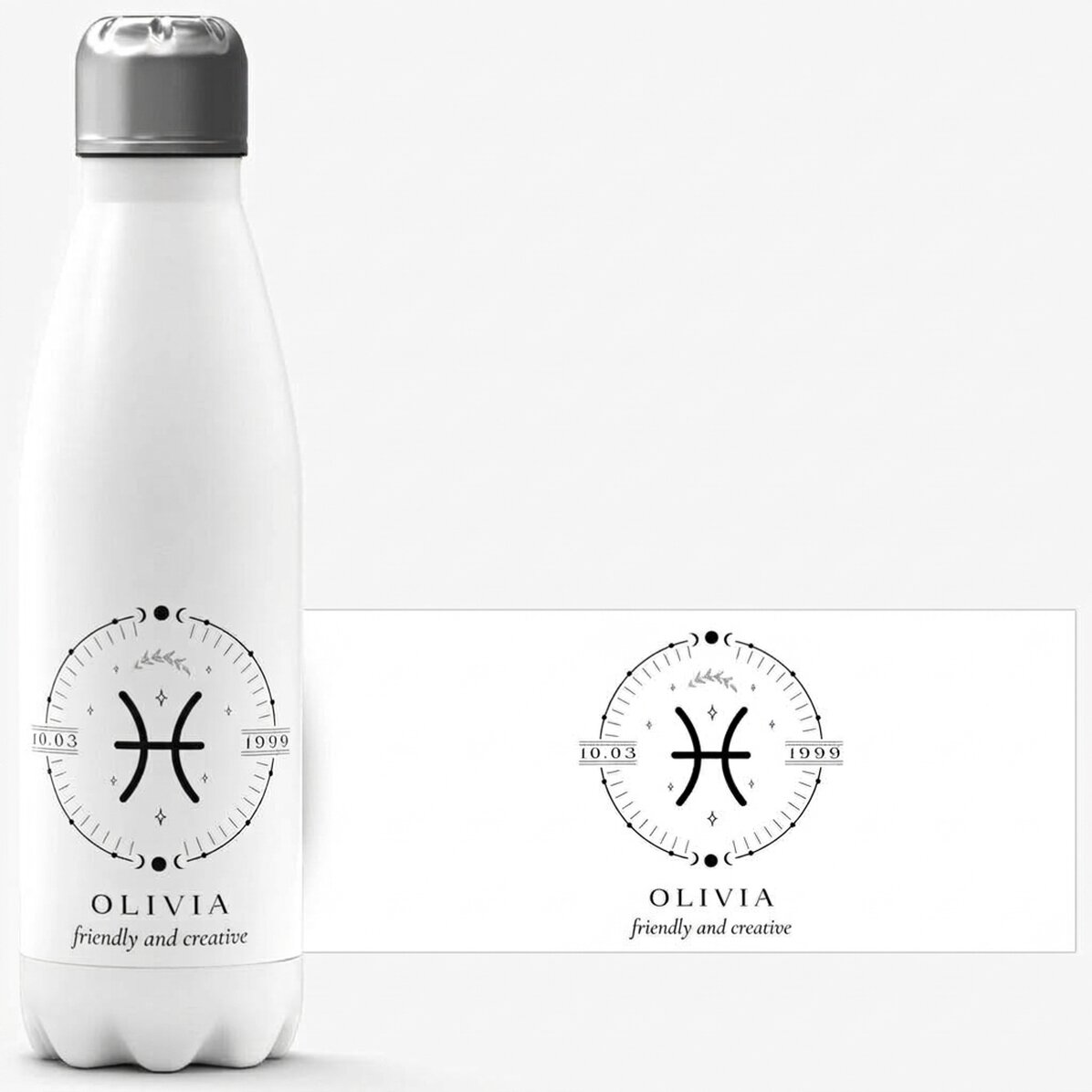 Thermos with white base personalised with text and Pisces zodiac sign