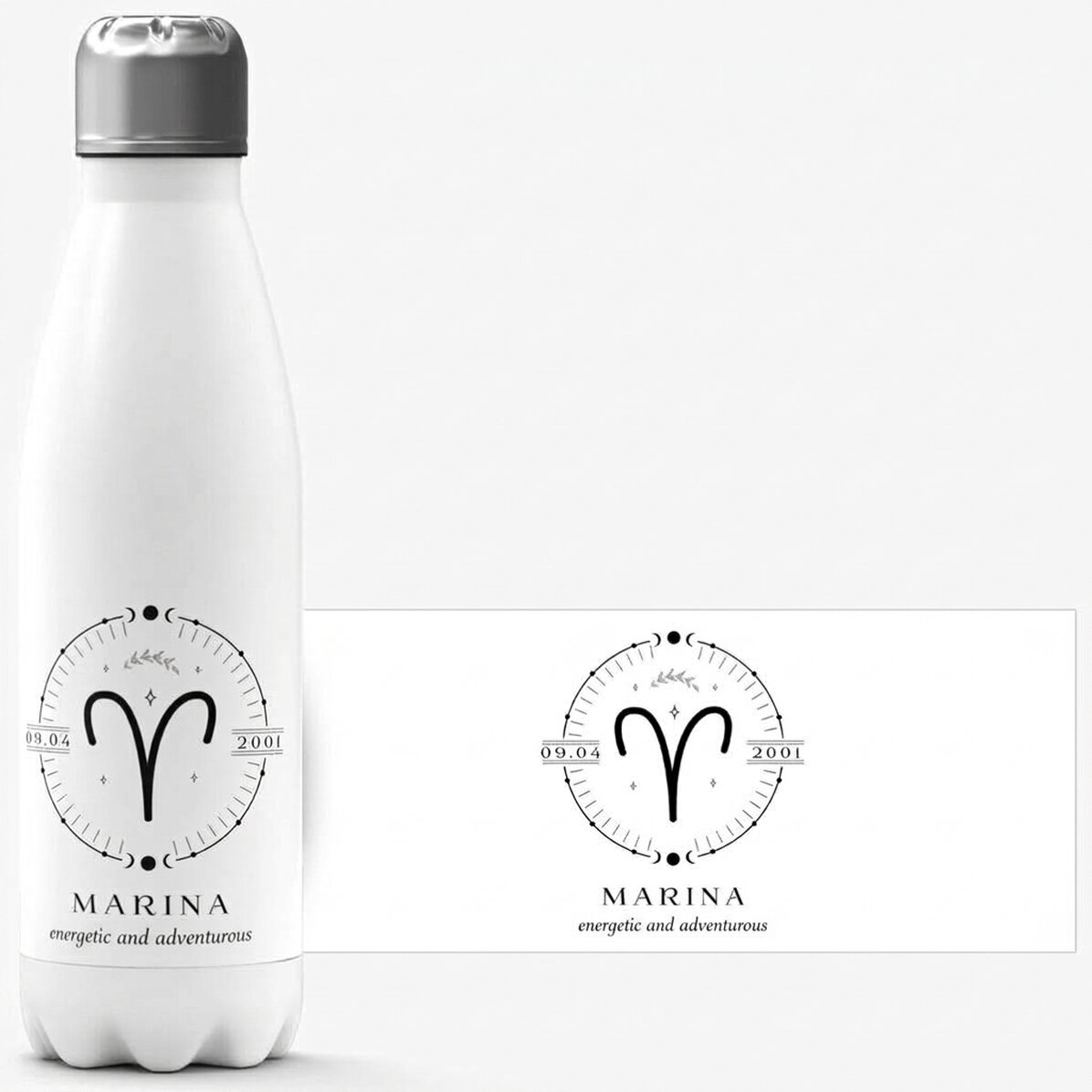 Thermos with white base personalised with text and Aries zodiac sign