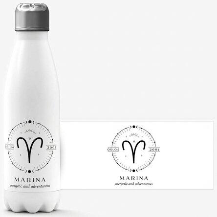 Thermos with white base personalised with text and Aries zodiac sign