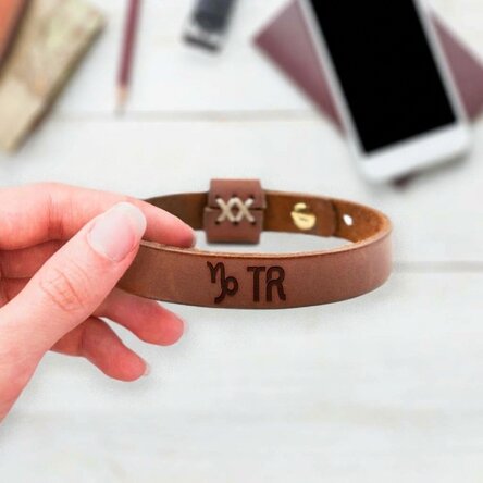 Personalised leather bracelet with initials and Capricorn zodiac sign