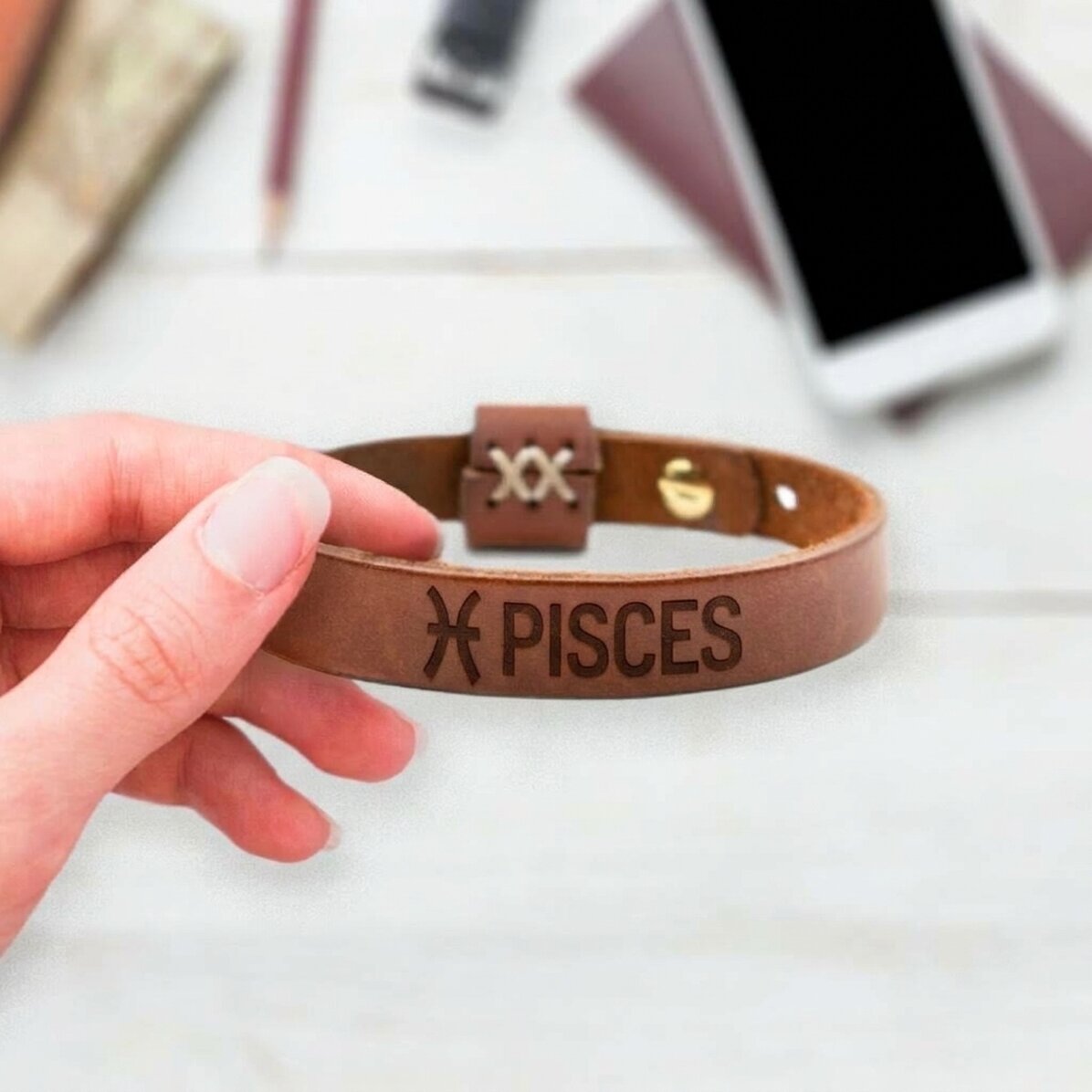 Personalised leather bracelet with initials and Pisces zodiac sign
