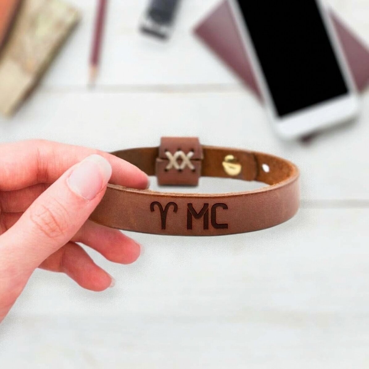 Personalised leather bracelet with initials and Aries zodiac sign
