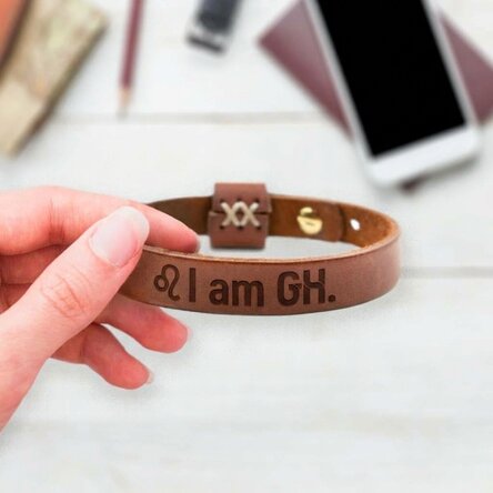 Personalised leather bracelet with initials and Leo zodiac sign
