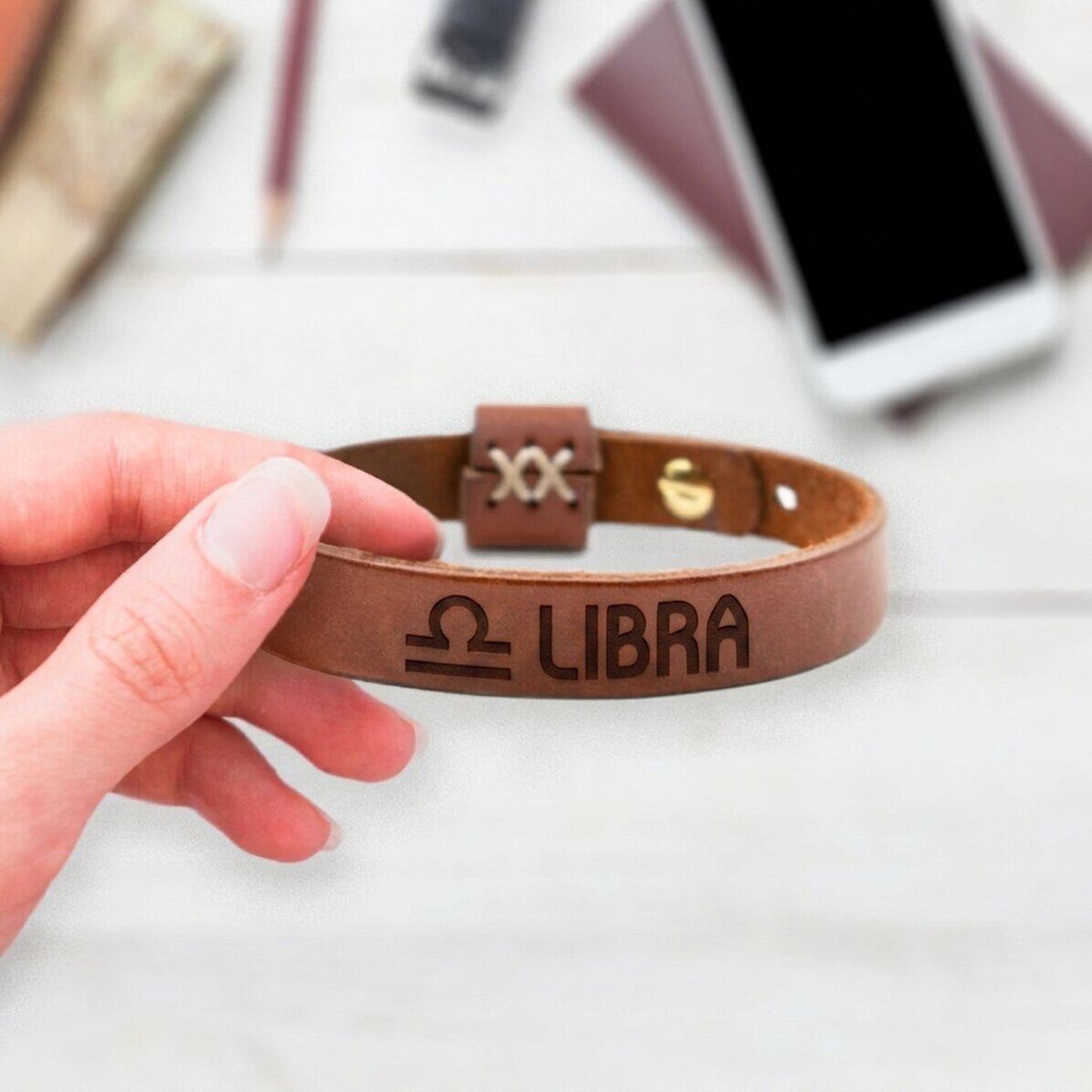Personalised leather bracelet with initials and zodiac sign