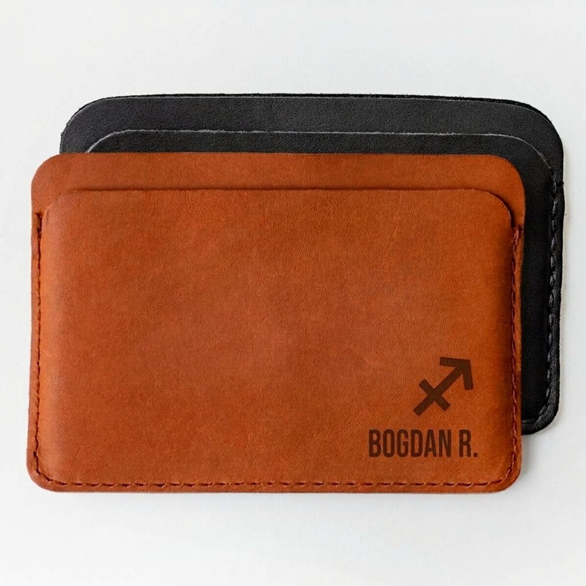 Personalised leather wallet with name and Sagittarius zodiac sign
