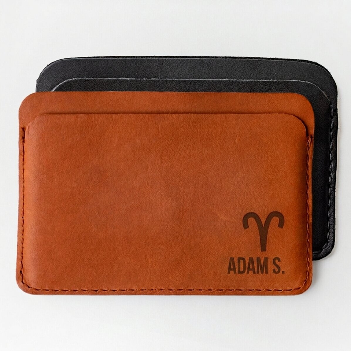 Personalised leather wallet with name and zodiac sign