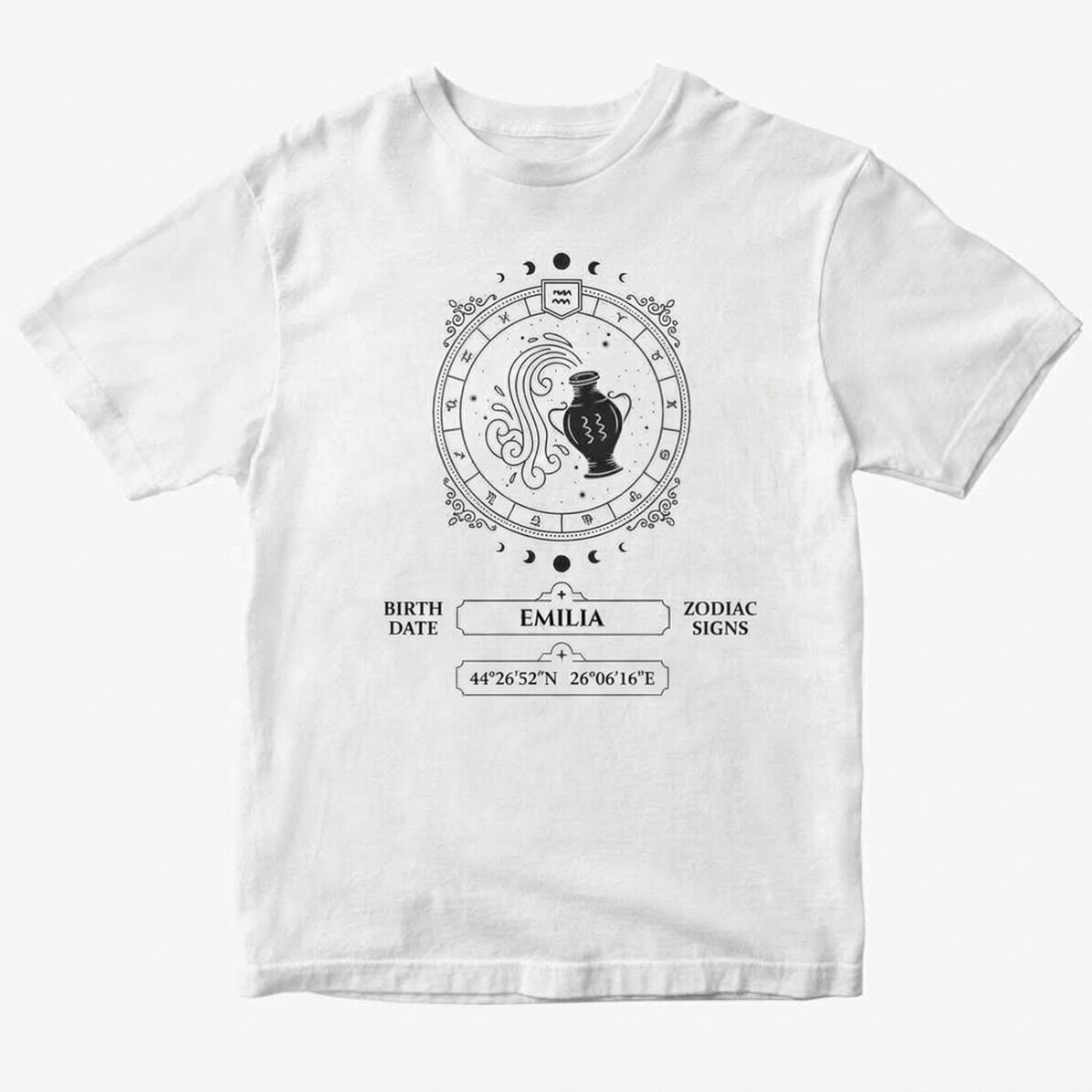 Customised cotton T-shirt with name and zodiac sign - Aquarius