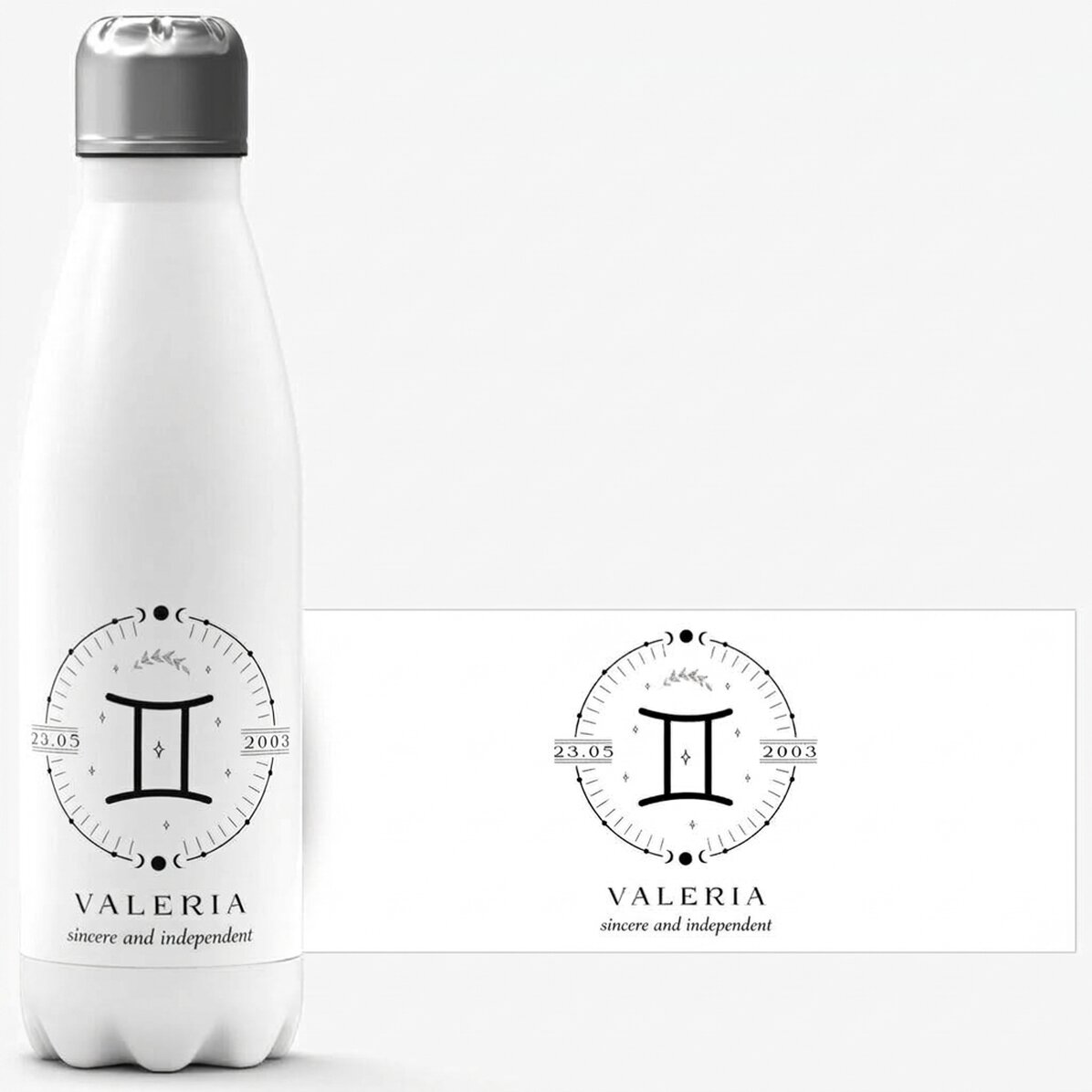 Thermos with white base personalised with text and Gemini zodiac sign