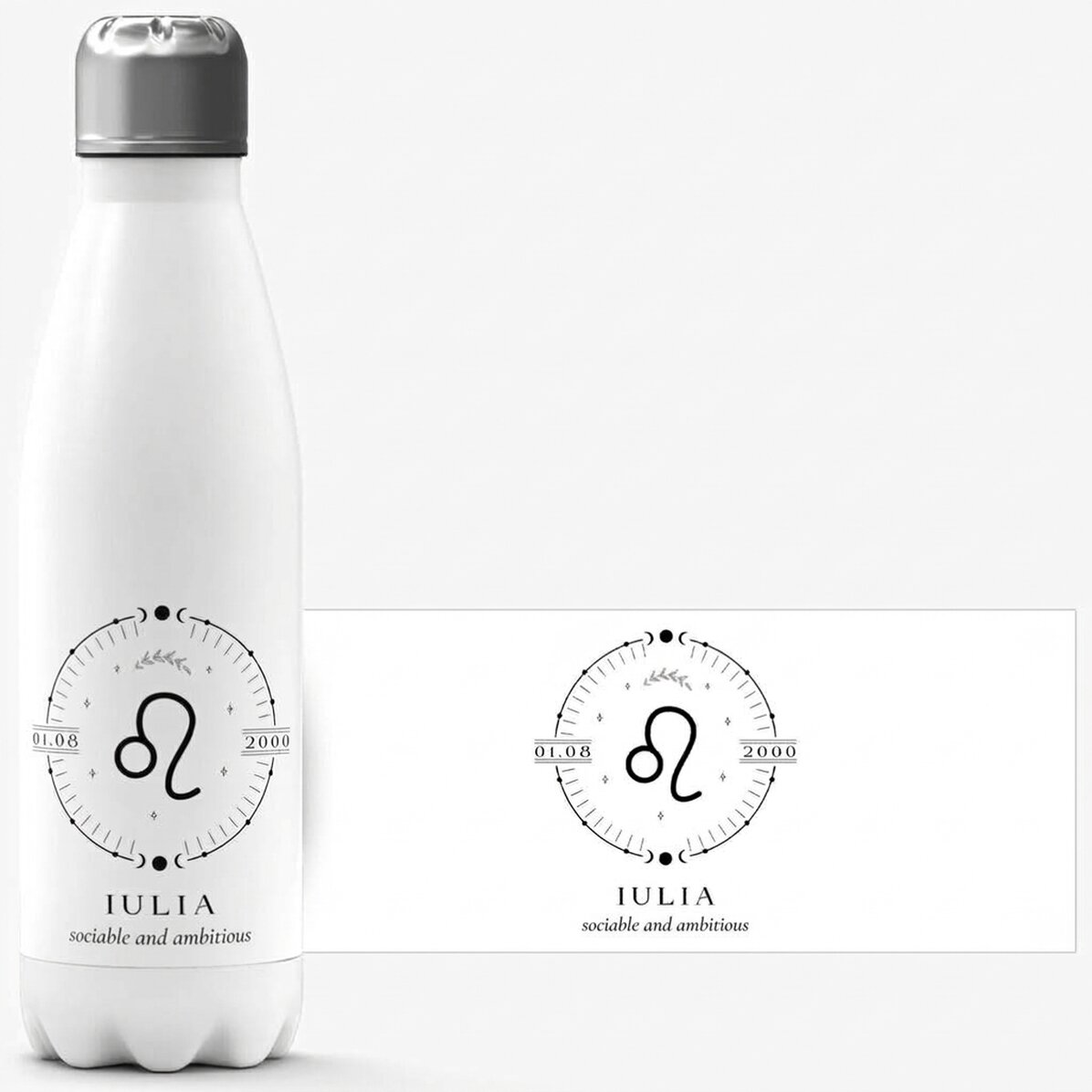 Thermos with white base personalised with text and Leo zodiac sign