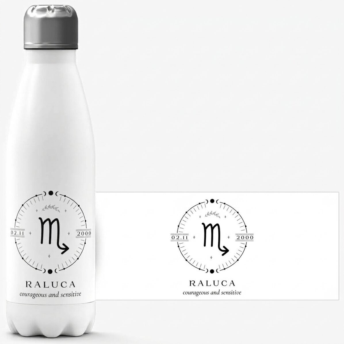Thermos with white base personalised with text and Scorpio zodiac sign