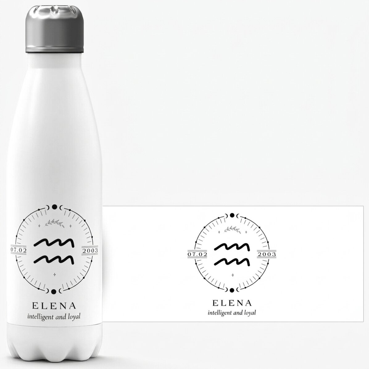 Thermos with white base personalised with text and zodiac sign