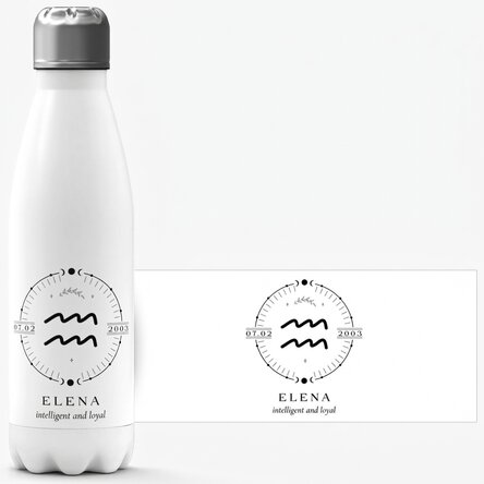 Thermos with white base personalised with text and zodiac sign