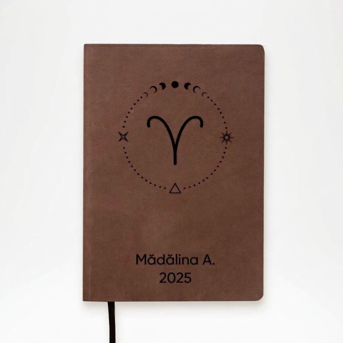 Personalised leather diary with text and Aries zodiac sign