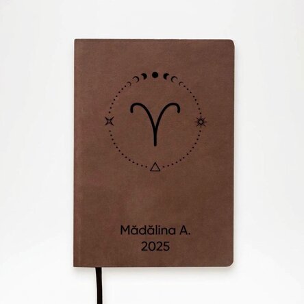 Personalised leather diary with text and Aries zodiac sign