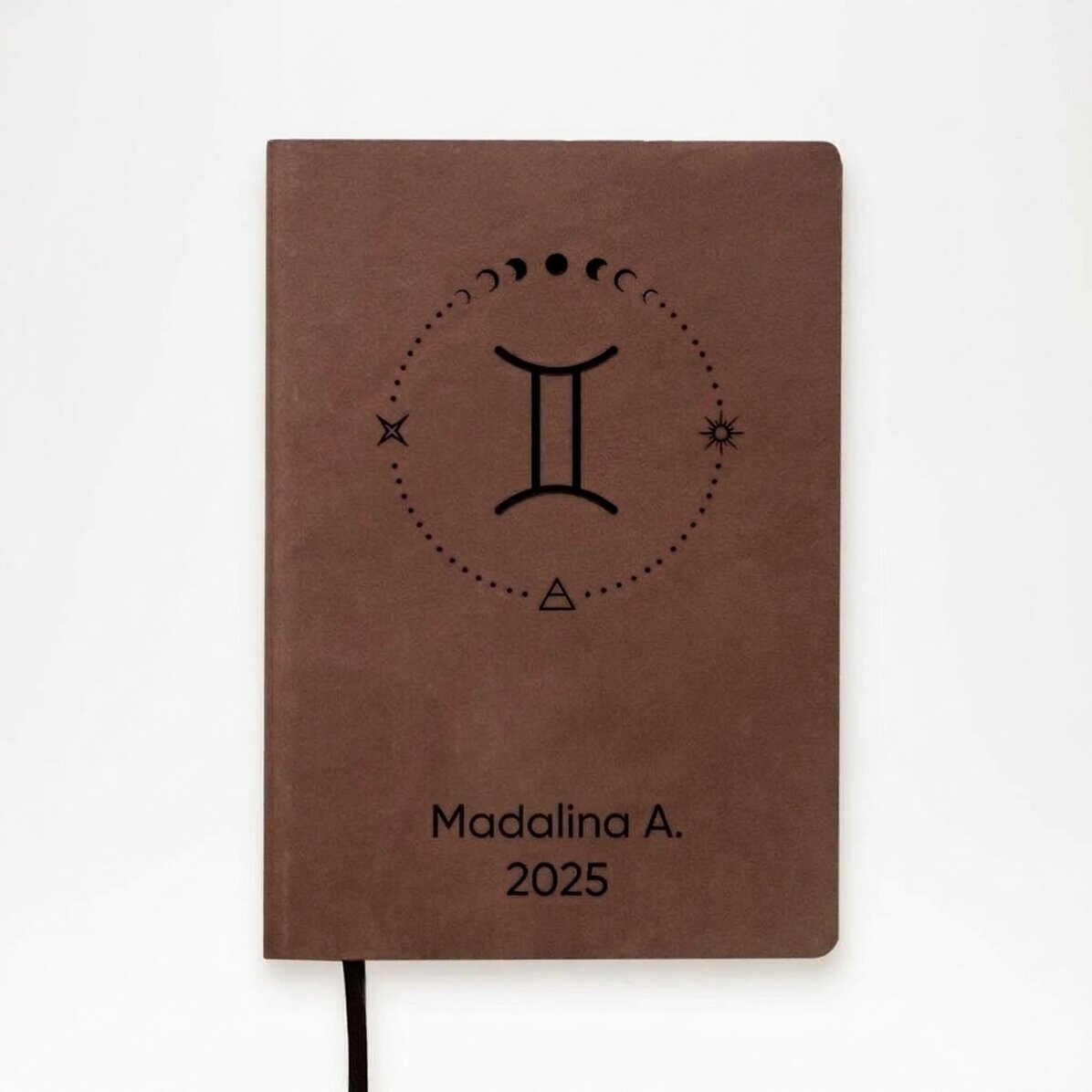 Personalised leather diary with text and Gemini zodiac sign