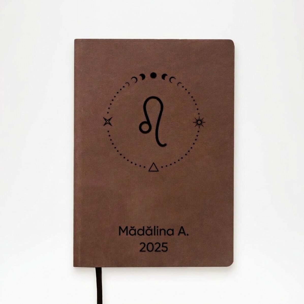 Personalised leather diary with text and Leo zodiac sign