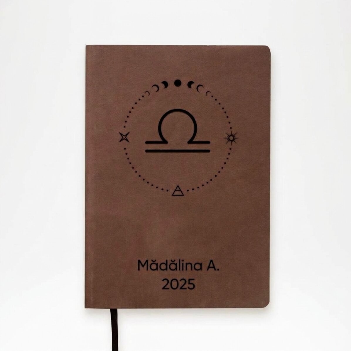 Personalised leather diary with text and Libra zodiac sign