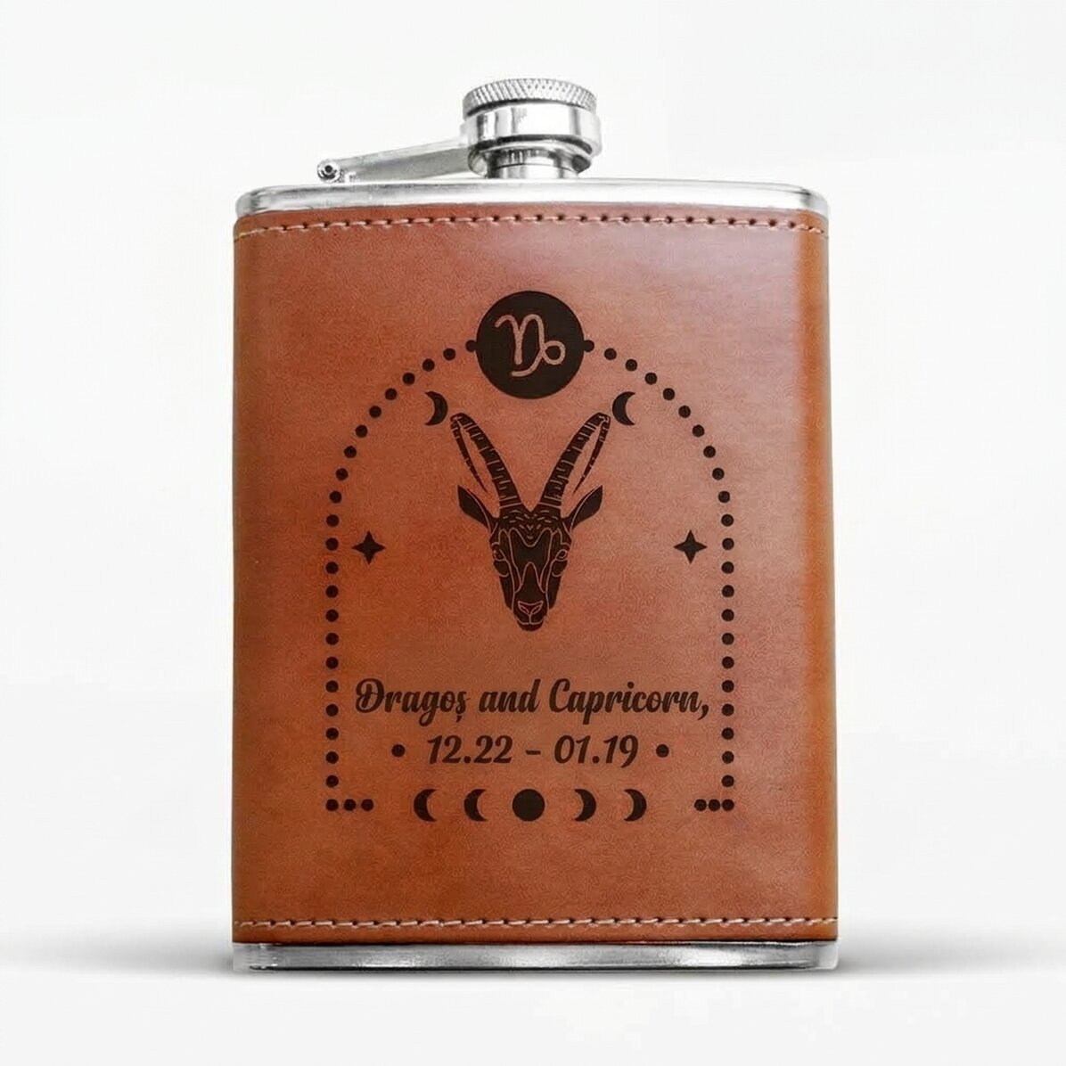 Leather-covered pocket flask personalised with text and zodiac sign - Capricorn