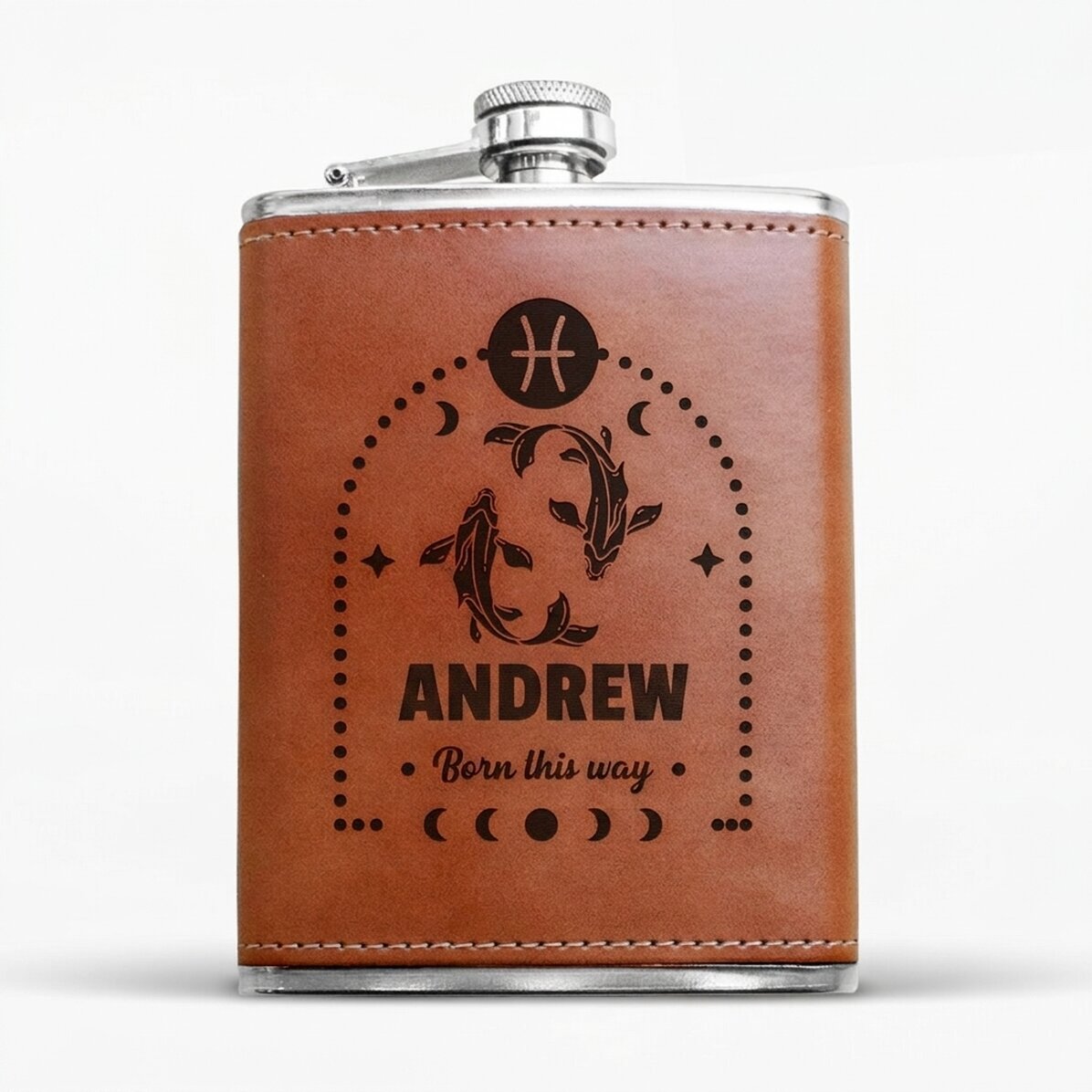 Leather-covered pocket flask personalised with text and zodiac sign - Pisces