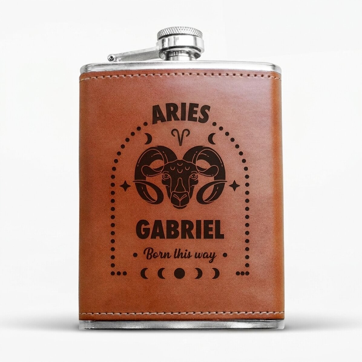 Leather-covered pocket flask personalised with text and zodiac sign - Aries