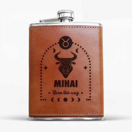 Leather-covered pocket flask personalised with text and zodiac sign - Taurus