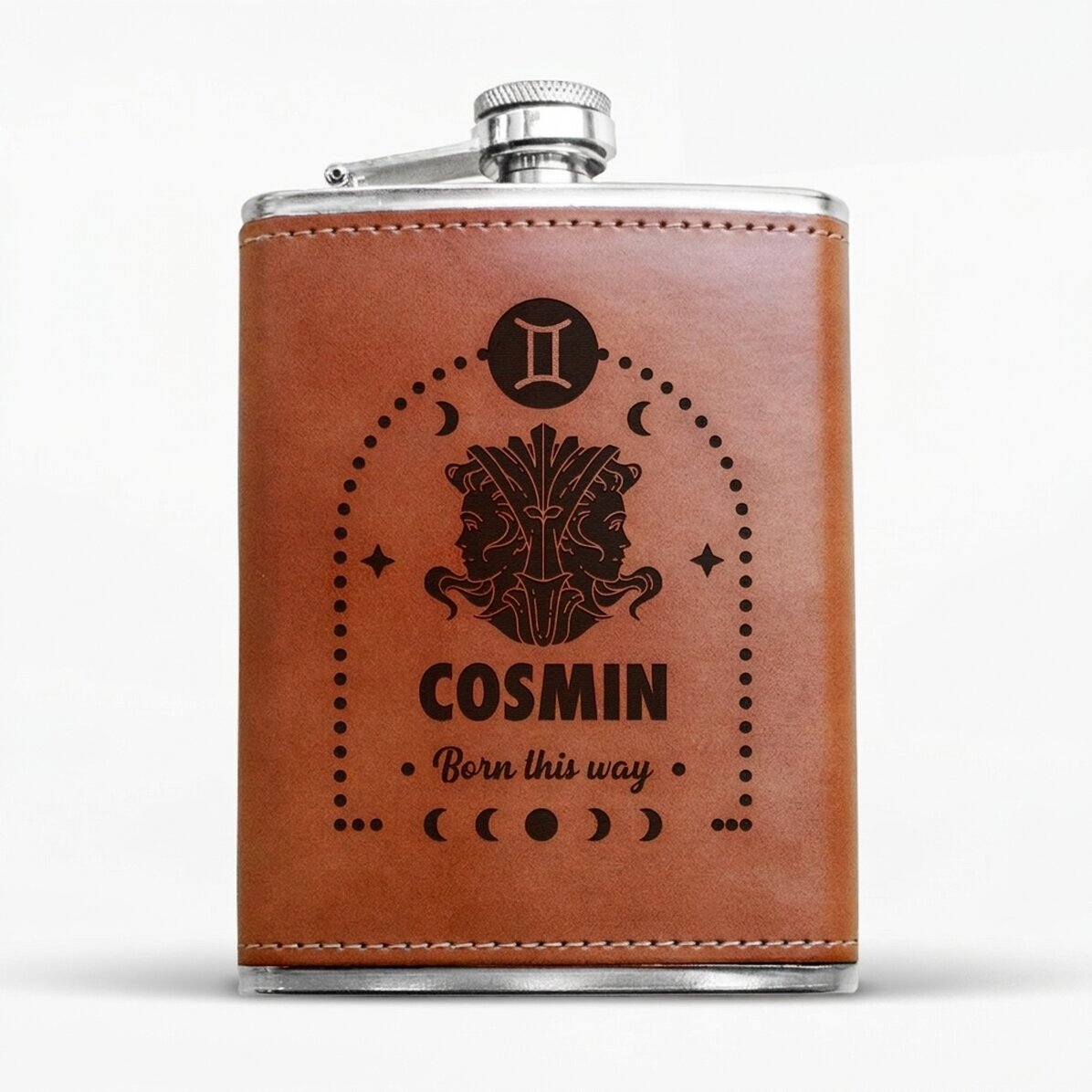 Leather-covered pocket flask personalised with text and zodiac sign - Gemini
